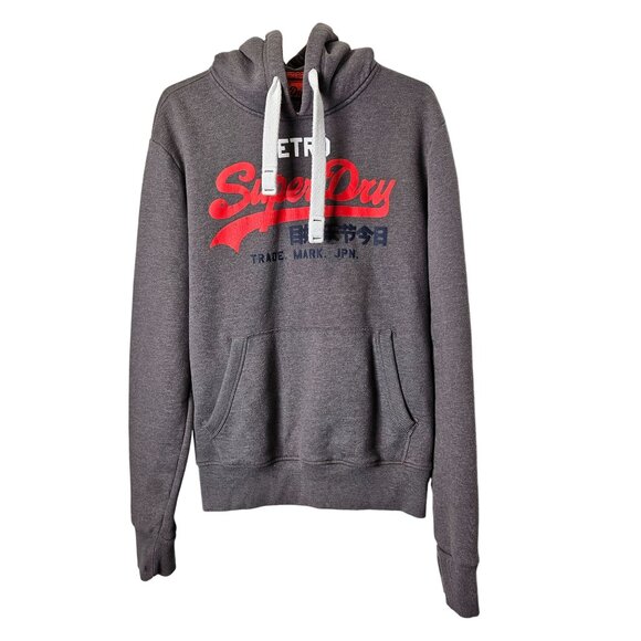 Superdry Vintage Gray Hoodie Red White‎ Logo Drawstring Hood Kangaroo Mens L - Picture 1 of 7